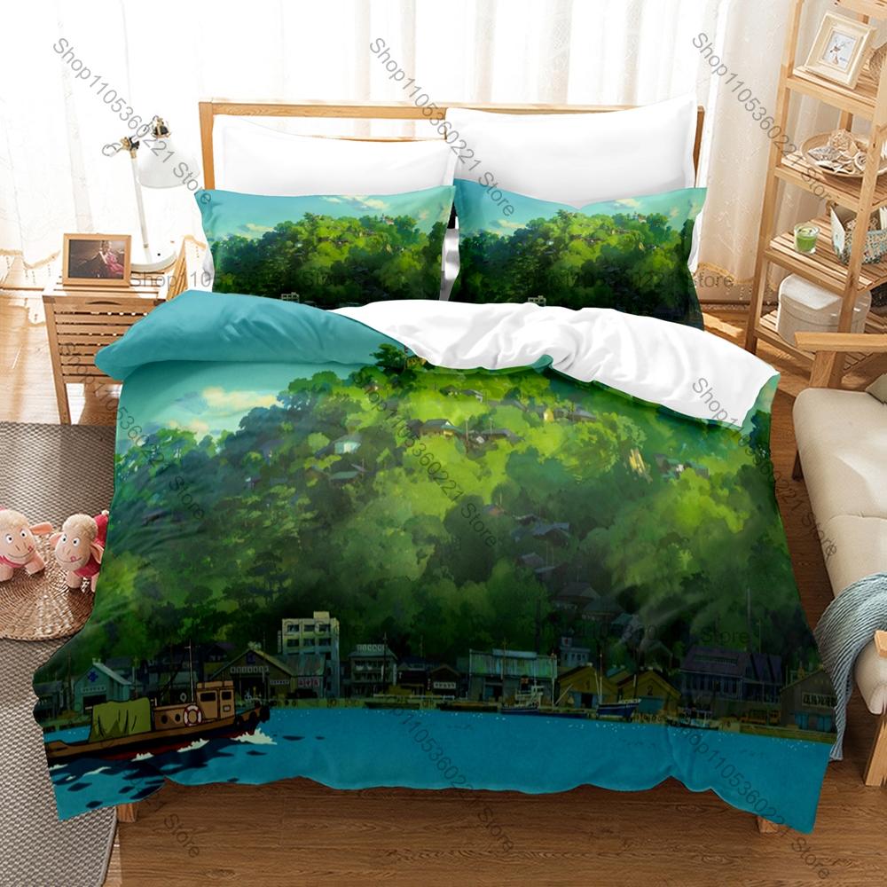 From Up On Poppy Hill Vintage Coastal Town Poppy Flower Retro 1960s Campus HD Print Bedding Set Duvet Cover + 2 Pillowcases