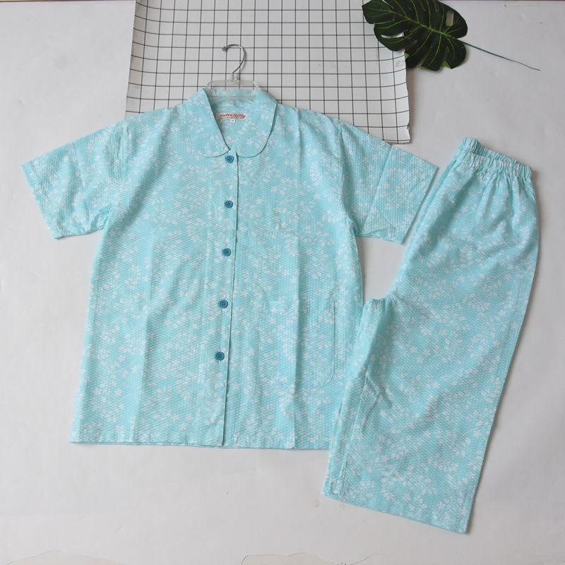 

Export Women s Summer Thin Print Short Sleeve Pajamas Cropped Pants Loose Casual Quick-Drying Breathable Home Clothing Suit Lake Green M