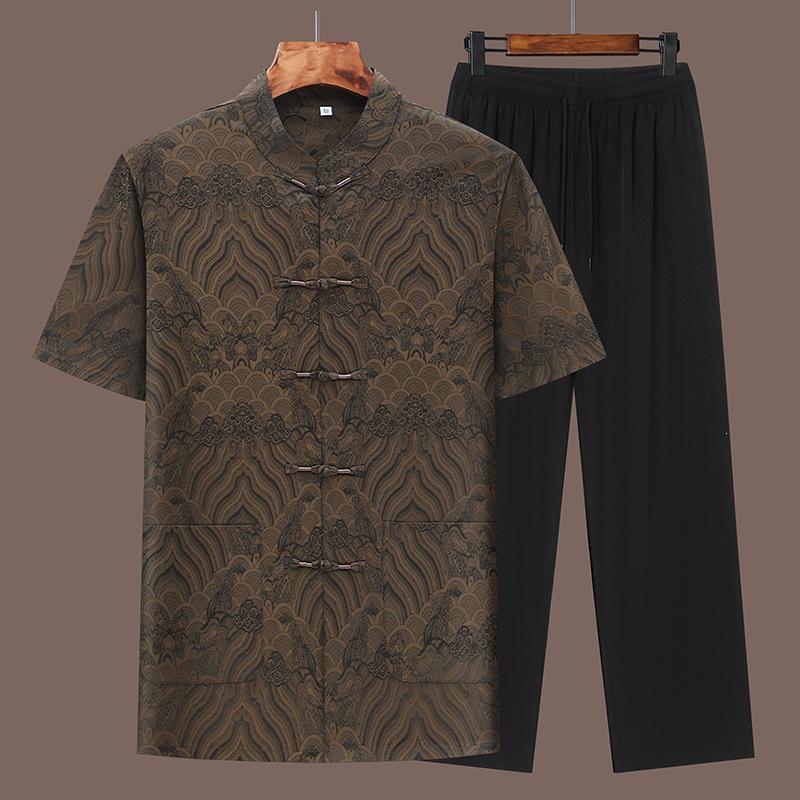Men's Summer Tang Suit: Short Sleeve, Stand Collar, Frog Buttons, Two-Piece Set, Multi-color