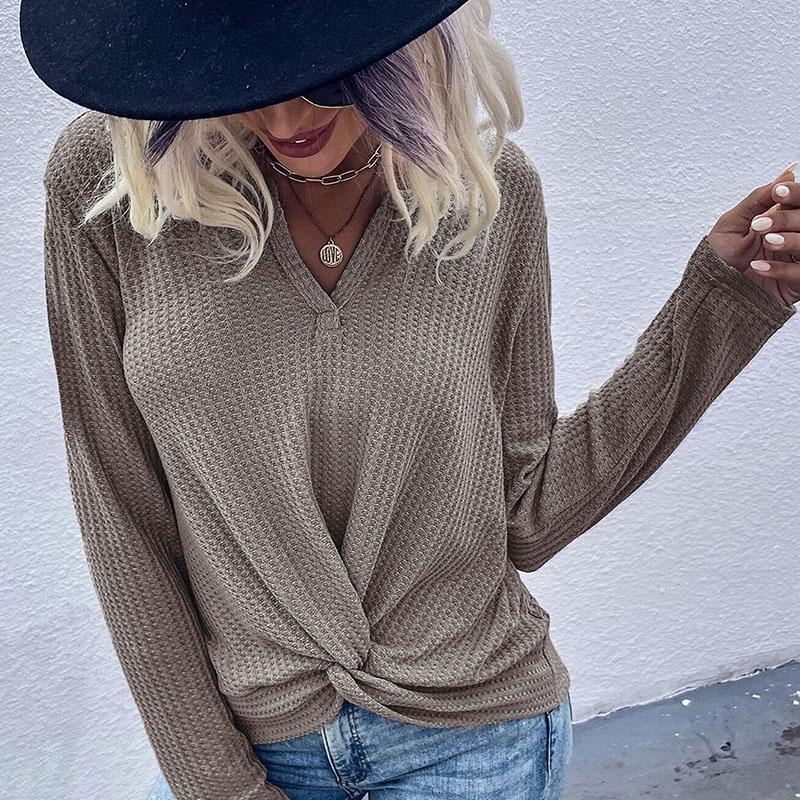 YYFS Women's Fashion Casual Solid Color Print Summer Spring Long Sleeve V-Neck Pullovers & Long Sleeves