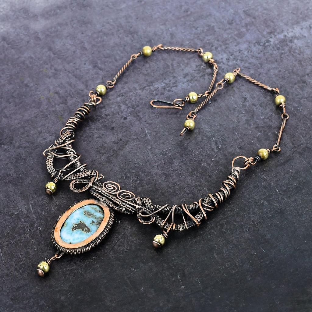 Natural Larimar Gemstone Handmade Copper Wire Wrap Jewelry Necklace 18" P1V09