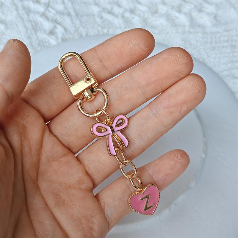 Creative Letters Metal Pink Bow Keychain Fashion A-Z 26 Letters Keyring Charms Mobile Phone Key Holders Bag Accessories Gift