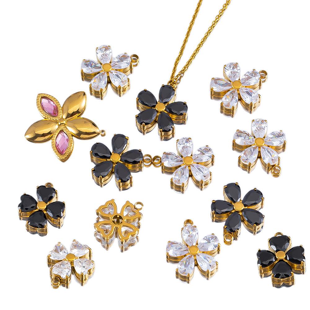 2Pcs Fashion Black White Heart Flower Earrings Charms Golden Plated Stainless Steel Zirconia Petal Pendant Necklace DIY Findings