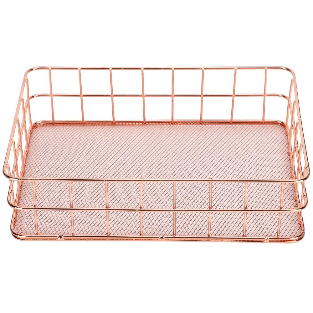 Iron Grid Wire Storage Basket 24.1× 16.2× 6.4cm Rose Gold Desktop Organization Basket Exquisite Decorative