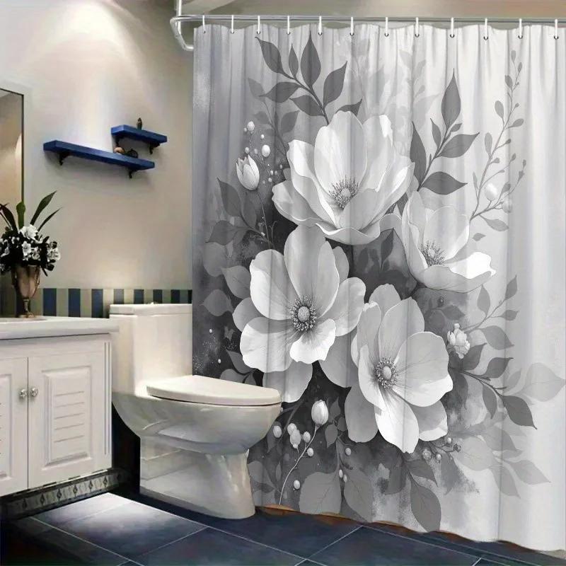 1pc Elegant Floral Shower Curtain - Gray & White Swirl, Ruffled Petals, Sparkling Center, Modern & Vintage Bathroom Decor