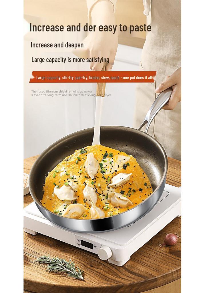 Non-Stick Stainless Steel Flat-Bottomed Titanium Frying Pan for Steak and Eggs, Induction Cooktop Compatible