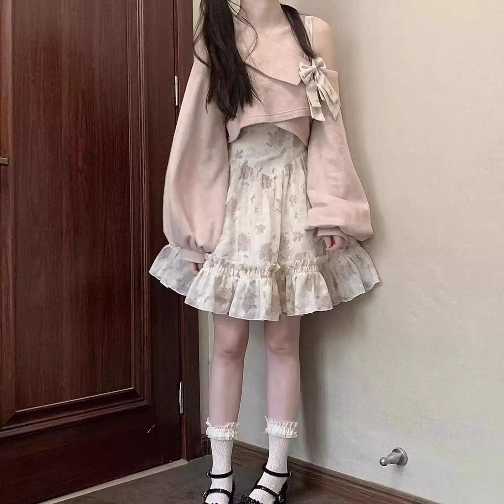 Słodki Styl Lolita Zestaw 2-częściowy Sukienka Damska Różowa Kokardka Dzianinowy Płaszcz Kawaii Kwiatowa Mini Sukienka Damski Garnitur na Imprezę Plażową