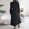 Damesmode Retro Effen Kleur Elegante V-hals Knoop Strik Lange Mouw Taille Geplooide Jurk