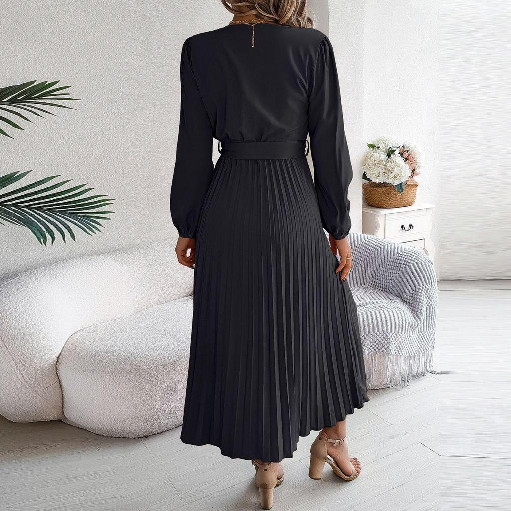 Damesmode Retro Effen Kleur Elegante V-hals Knoop Strik Lange Mouw Taille Geplooide Jurk