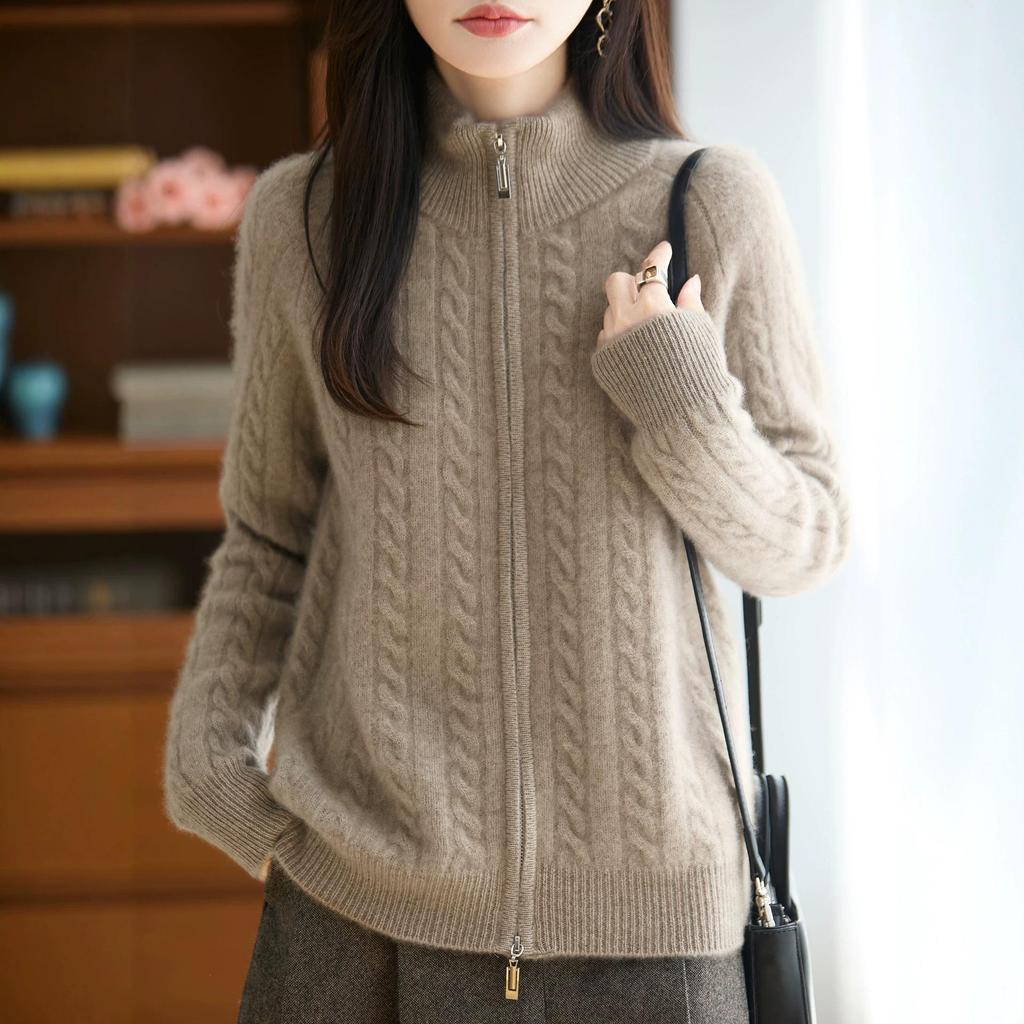 Retro Double Zipper Cable Knit Cardigan – 100% Wool, Seven Gauge, Thickened for Autumn/Winter