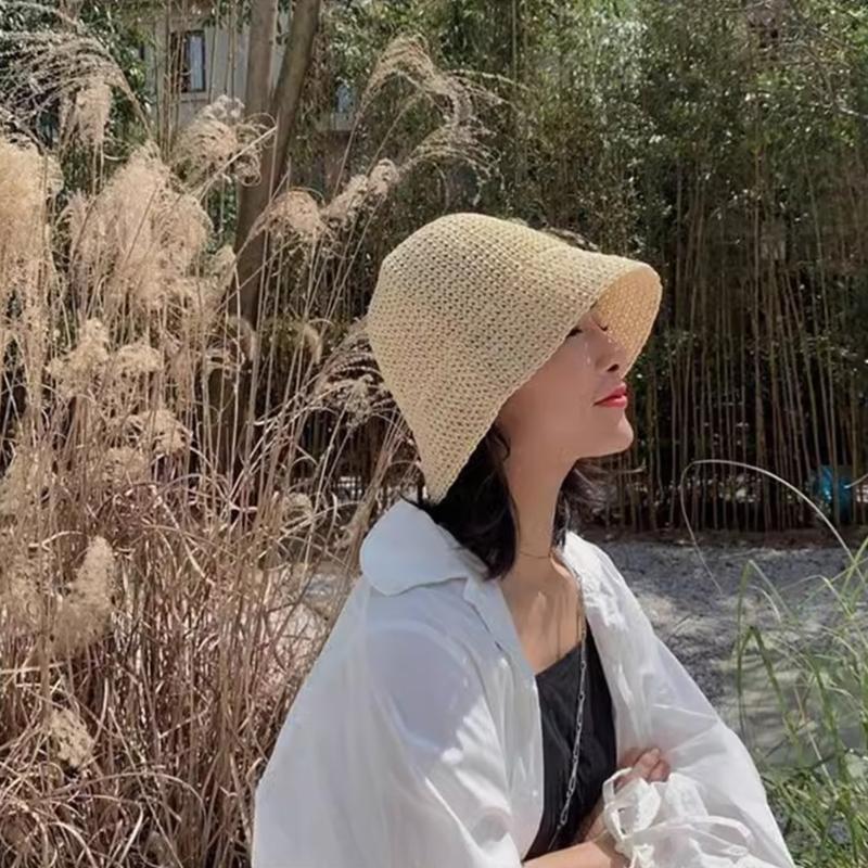 Natural Straw Summer Hat Packable Travel Handwoven Bucket Caps Sun Protection Beach Accessory
