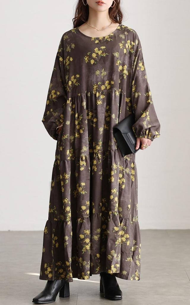 Gold Japan Plus Size Maxi Floral Round Sizes Women's Dress, Print, Tiered, Flared, Neck, Pockets, Fall/Winter/Spring, Maru-30208, Gray, 4L-5L