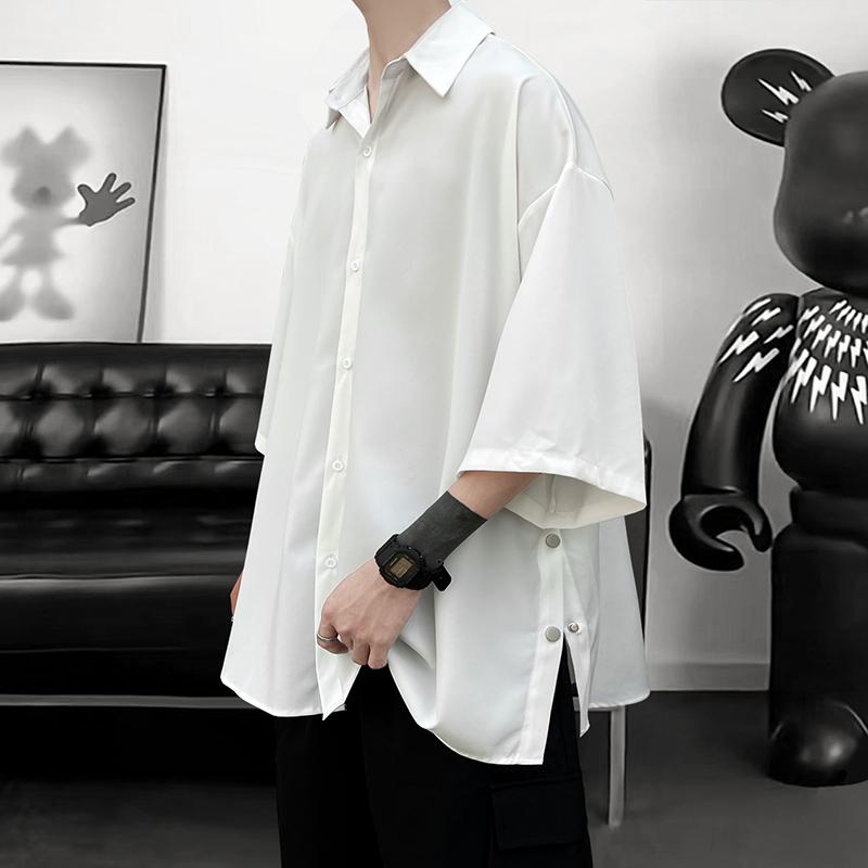 

Men s Side Buttons Shirt Harajuku Solid Button Up Korean Short Sleeve Male Shirts Blouse S белый