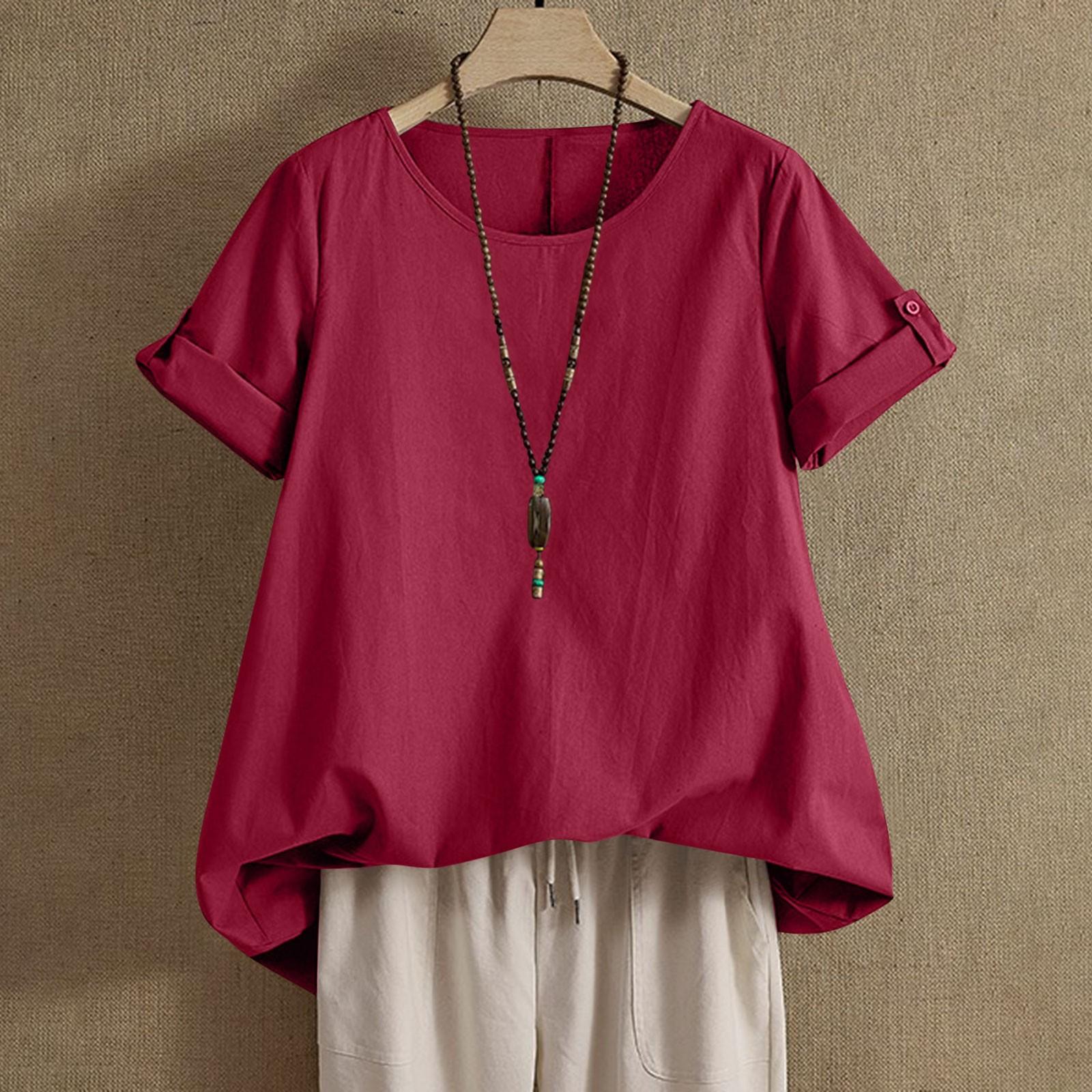 

Womens Shirt Round Neck Short Sleeve Blouse Tops Fashion Solid Color Loose Casual Summer Tops XL винный
