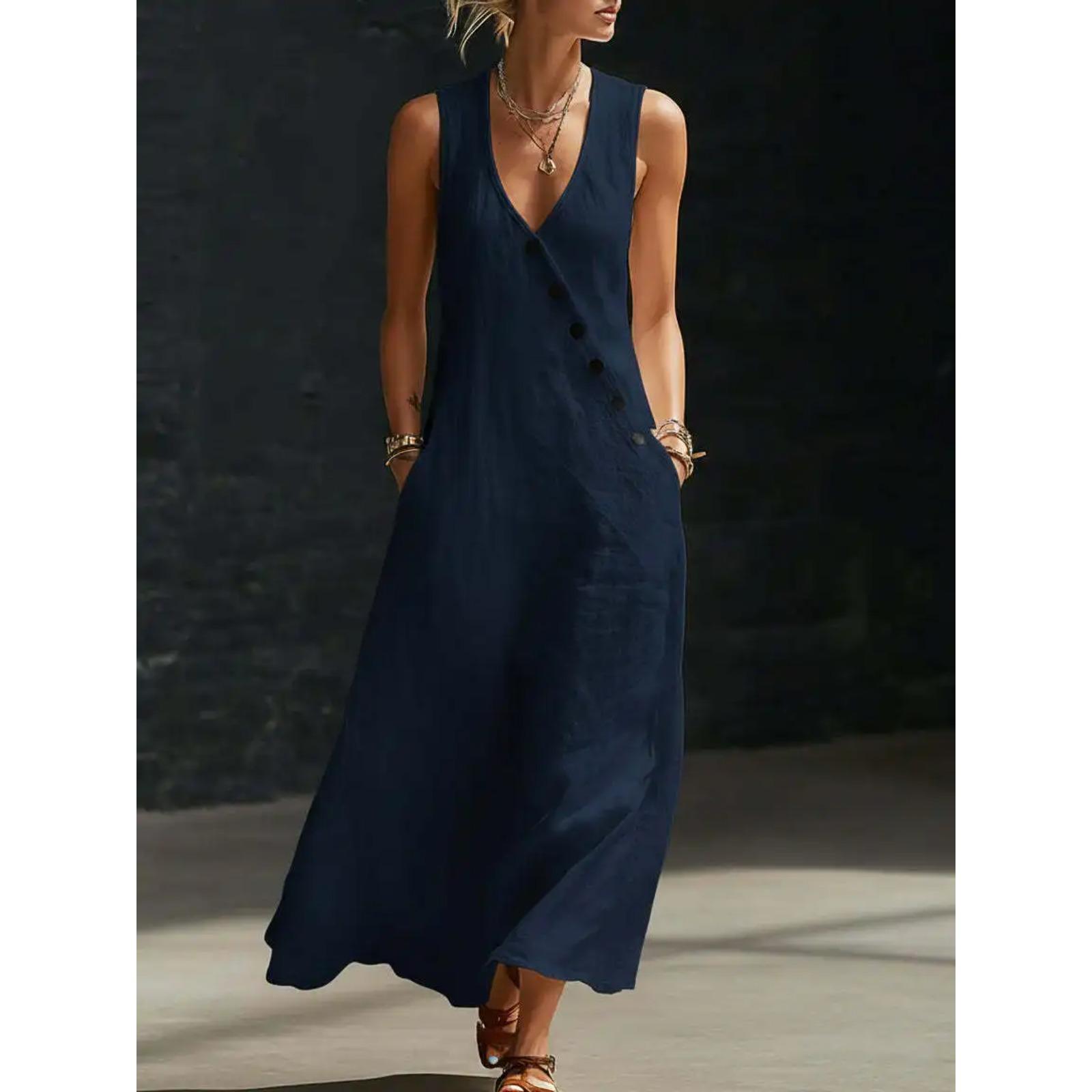 

Повседневное женское летнее макси-платье без рукавов, свободное, однотонное, с V-образным вырезом, праздничное, длинное, элегантное S темно-синий