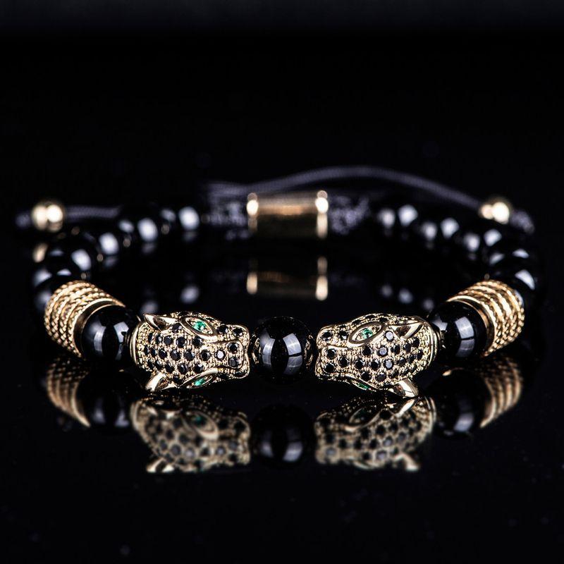 

Morooki Original Design Agate Beads Double Leopard Head Men Bracelet Stainless Steel Roman Numerals Fashion Style Double Leopard Head Single Item - Gold Finish