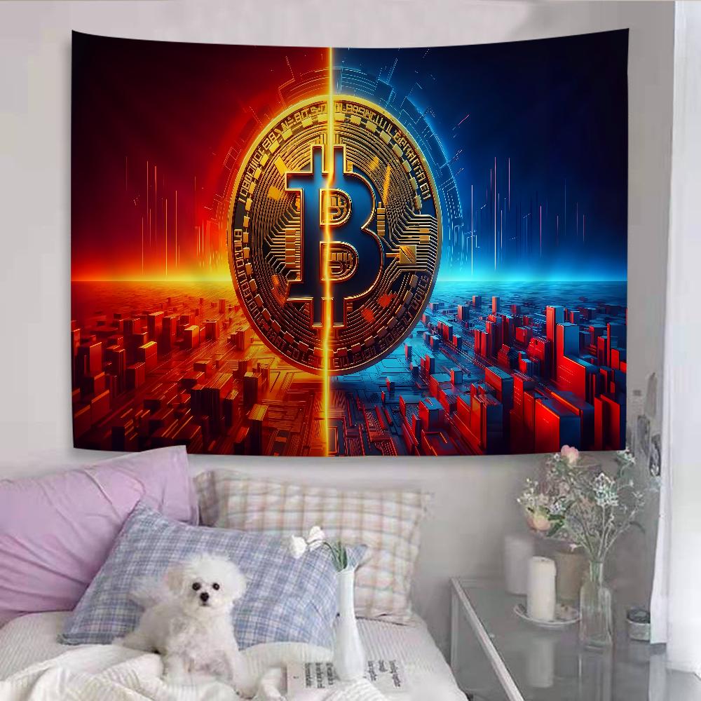 Virtual Currency Bitcoin Colorful Tapestry Wall Hanging Hippie Flower Wall Carpets Dorm Decor Wall Art Decor