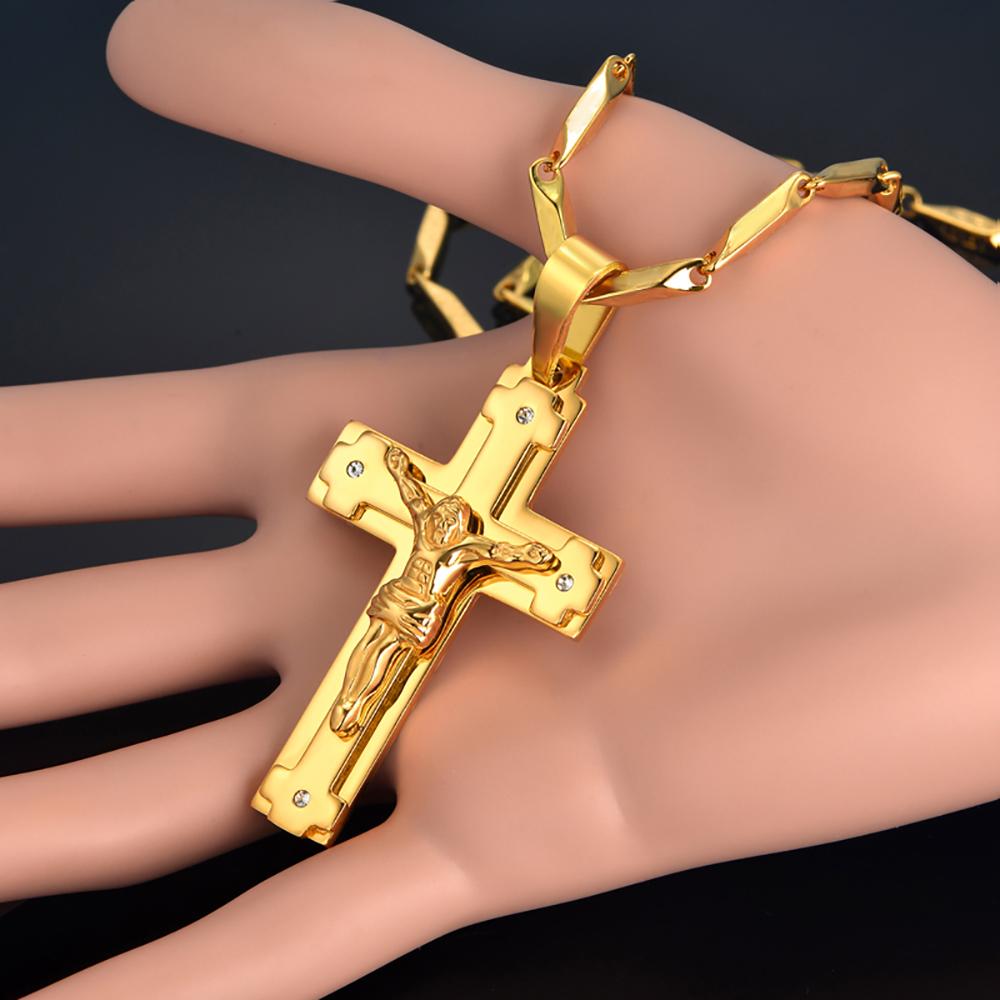 Religious Big Christ Jesus Cross Pendant Gold Color Stainless Steel Christian Crucifix Necklace for Men Jewelry Male Gift 2025