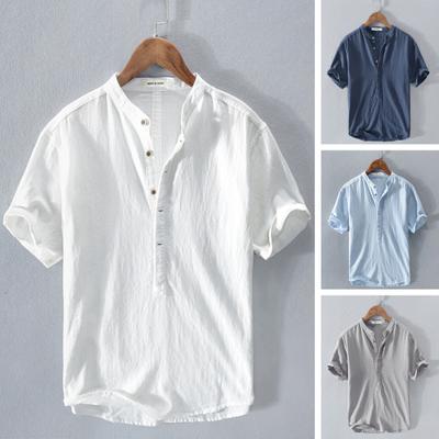 Stand Collar Short Sleeve Men Shirt Buttons Half Placket Anti-pilling Summer Casual