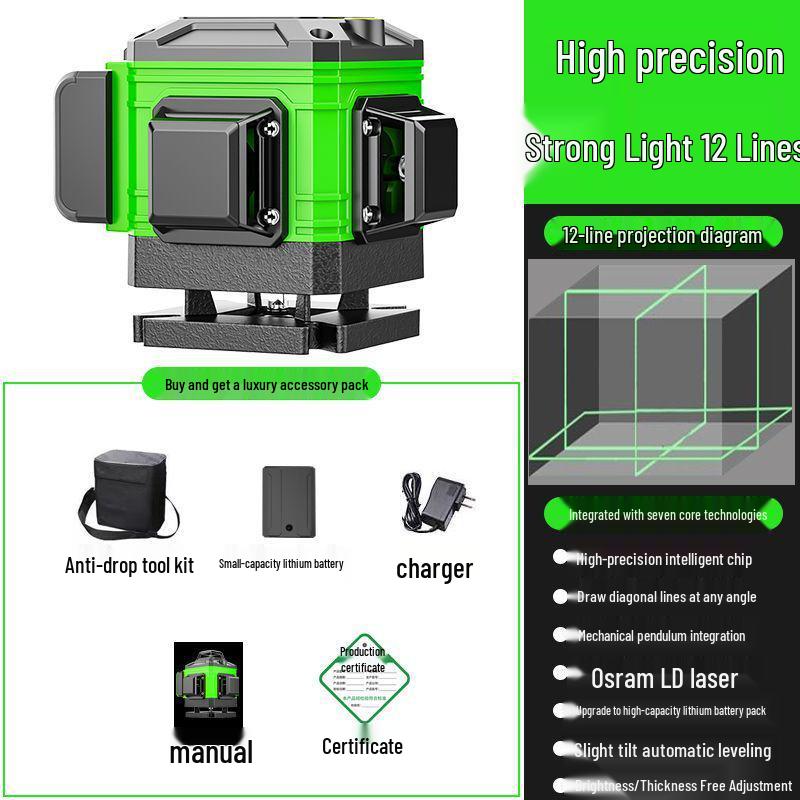 16-Line High-Precision Integrated Laser Level with Infrared & Green Light for Wall & Floor