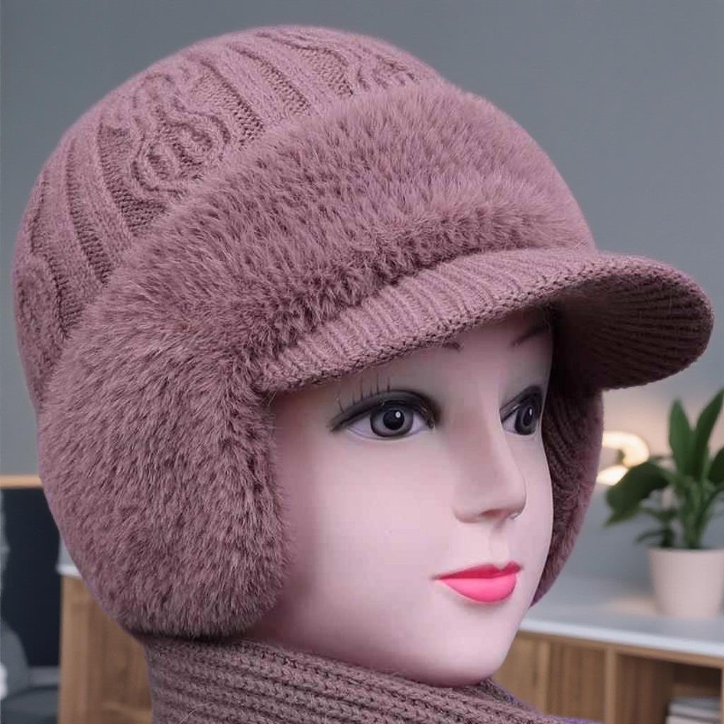 Middle aged and Elderly Women's Mink Velvet Ear Protection Woolen Hat Women's Winter Hat Scarf Set Warm Knitted Hat Peaked Cap