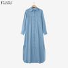 ZANZEA Elegant Women Lapel Neck Long Sleeve Buttons Splits Casual Long Shirts Dress