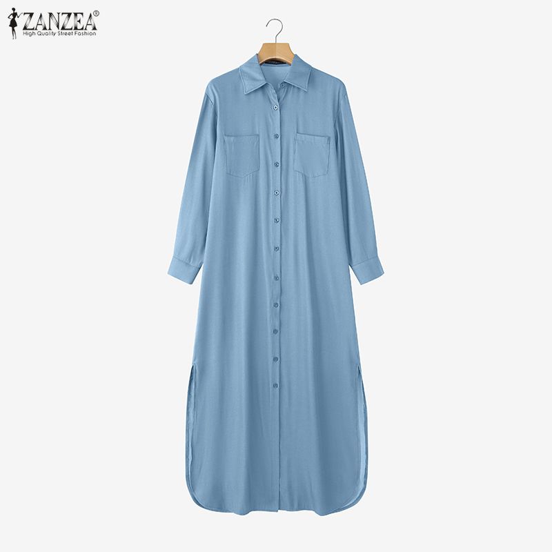 ZANZEA Elegant Women Lapel Neck Long Sleeve Buttons Splits Casual Long Shirts Dress