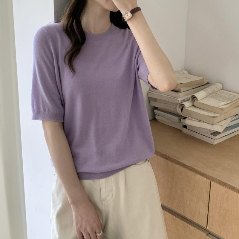 Wool round neck loose pullover knitted bottom women's age-reducing inner short-sleeved sweater