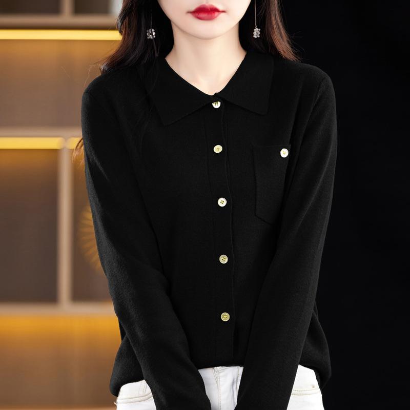 Langarm-POLO-Shirt Damenpullover Herbst Revers Gerade Strickoberteil