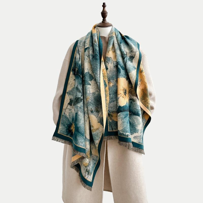 Vintage oil painting style flower short beard thickened double-sided scarf air-conditioned room shawl winter women's outer cape women