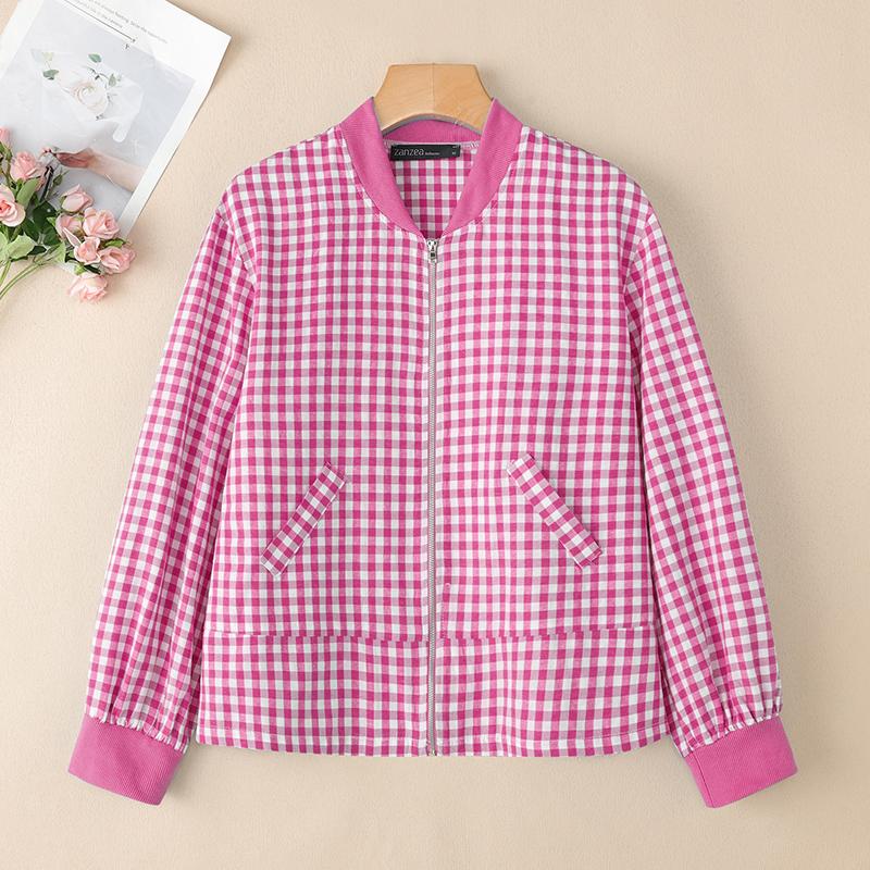 ZANZEA Women Casual Round Neck Long Sleeve Plaid Print Zipper Blouse
