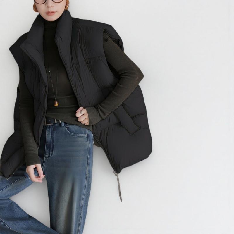 

Куртка из хлопка с пухом и воротником-стойкой Женская Осень Зима Новая Свободная Короткая Универсальная Жилетка на двойной молнии L чёрный