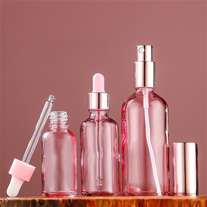 5/10/15/20/30/50/100ml Transparent Pink Glass Bottle with Pipette, Refillable for Serum & Oil, Empty