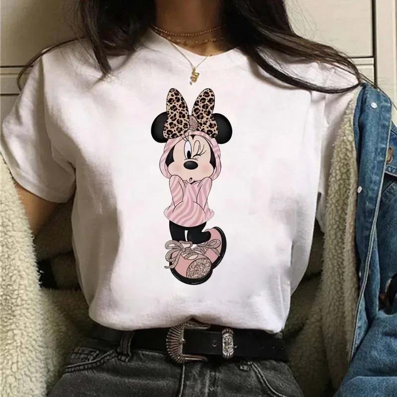 Cute T-Shirt Cartoon Tees Mickey Mouse Leopard Print Minnie Print White Short Sleeves Round Neck Tops Y2k Unisex