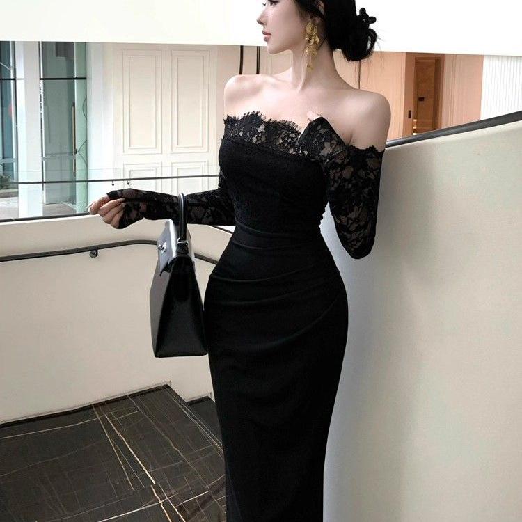 French Retro One-Shoulder Lace Long Sleeve Elegant Black Bodycon Dress