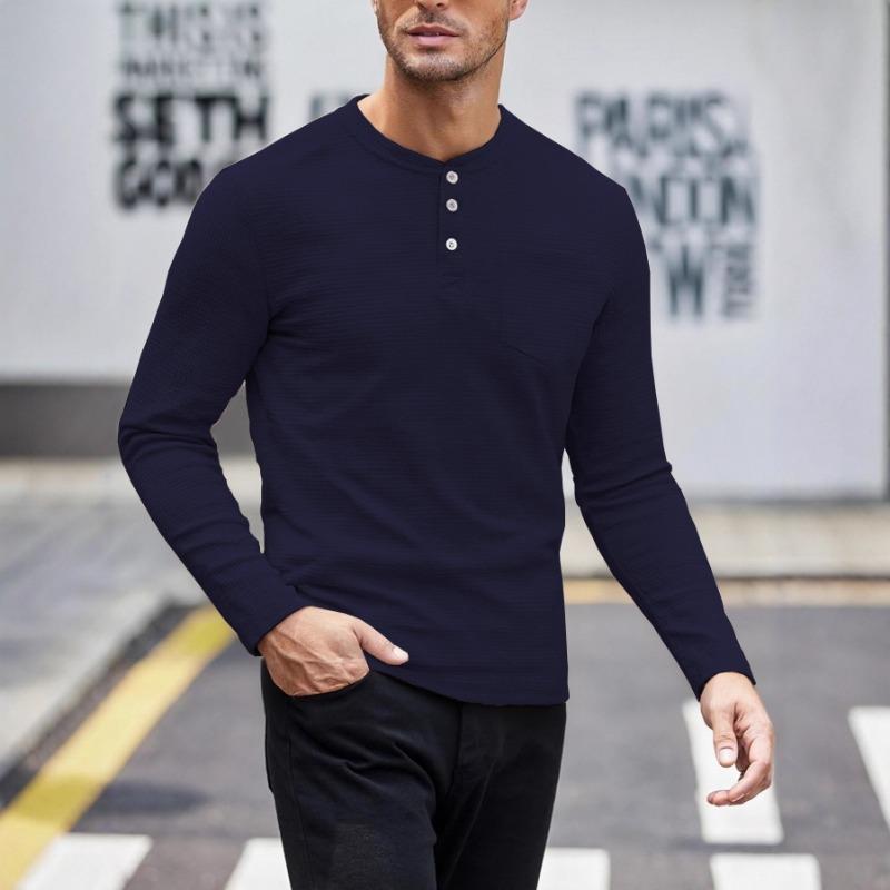 Men Long Sleeve Henley Shirt Button Pocket Casual Tops S темно-синий