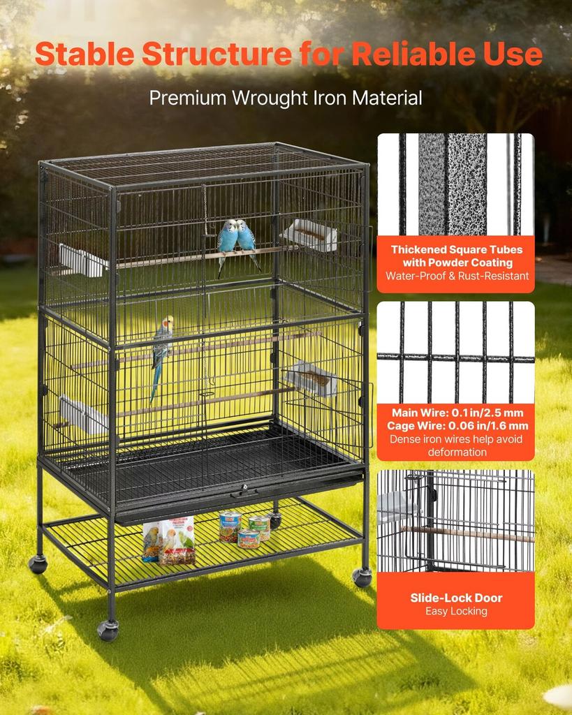 Bird Cage, 800 x 520 x 1320mm, Flat Top, Wrought Iron Bird Flight Cage with Perches, Slide-Out Tray and Plastic Feeders, Casters, for Parrot, Blue