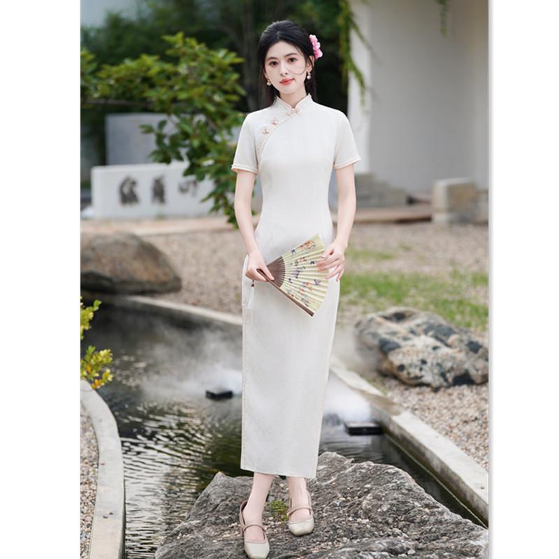 Ai Qi Embroidered Cheongsam, Young Style, Improved Temperament, Long Style, Solid Color, Plain and Elegant Girls' Summer New Cheongsam