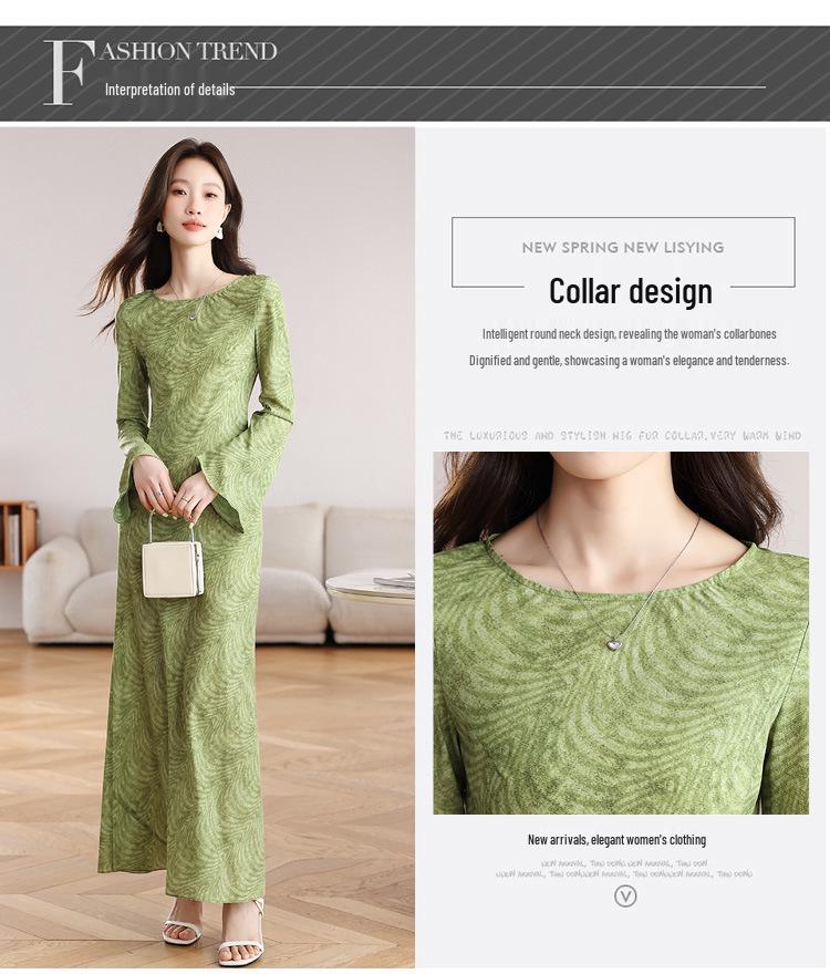 Green Field Slimming French Retro Bodycon Dress - Elegant Ribbed Long Sleeve