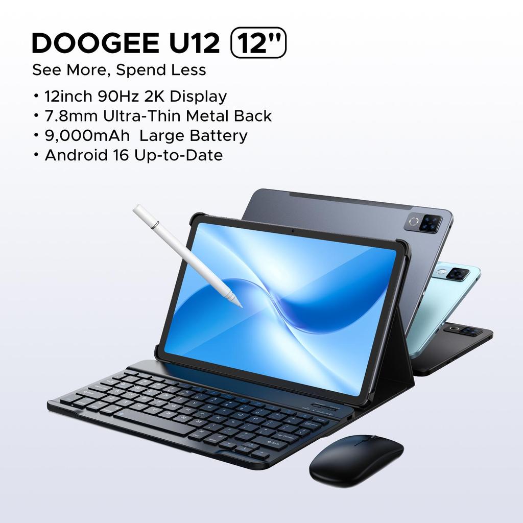 DOOGEE U12 Android 16 Tablet, 12 Inch, 90Hz, 24GB+128GB (2TB), Gemini AI Octa-Core, 9000mAh/18W, Widevine L1, 2.4G/5G WiFi, Face ID