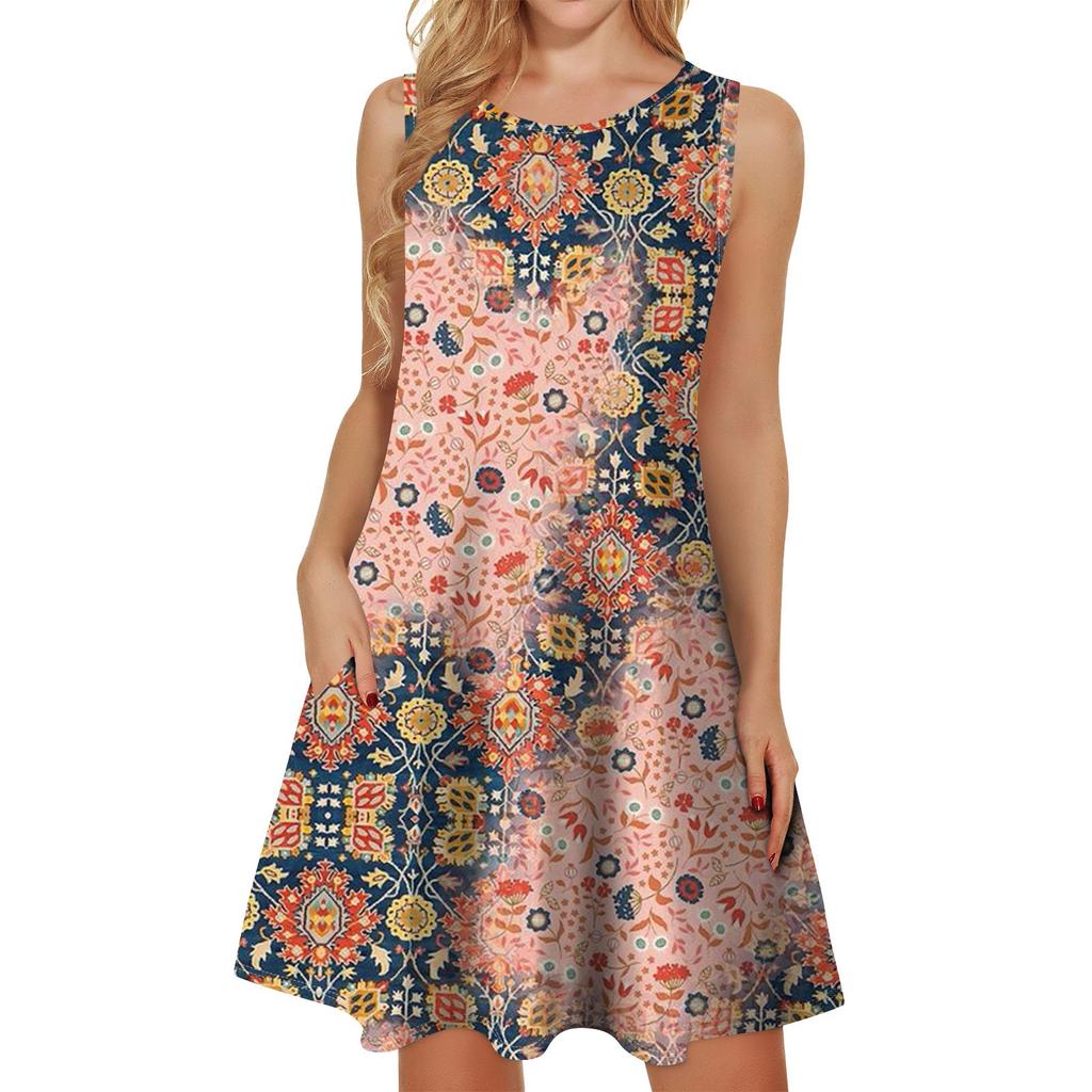 Damskie letnie sukienki, luźne, bez rękawów, z dekoltem w kształcie litery U, z kieszeniami