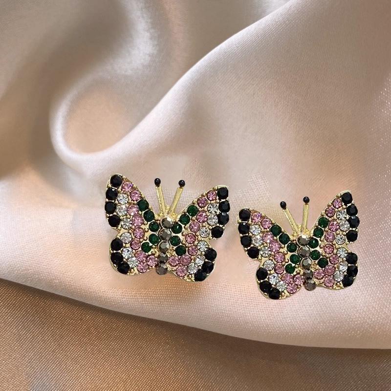 Elegant 2024 Retro Rhinestone Butterfly Stud Earrings for Women - Simple, Exquisite, Colorful Black Design