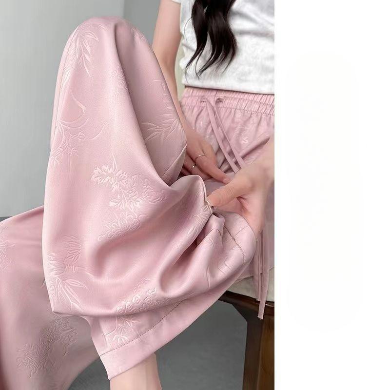 

Китайский стиль атласный жаккард новые китайские крутые широкие брюки для женщин летом новые облегающие повседневные брюки с высокой талией 3XL