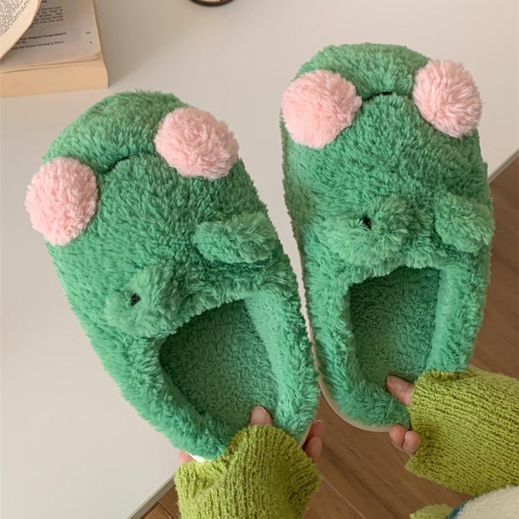 Fashion Lovely Frog Fluffy Slippers for Women 2025 Winter Anti Slip Warm Plush Home Slipper Lady Thick Platform Household Cotton Shoes