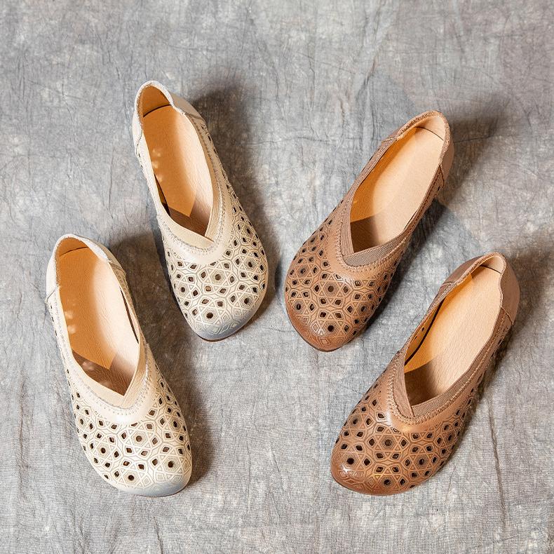 Johnature Vintage Sandaler i Ekte Skinn Slip-on Casual Rund Tå Myk Såle Komfortable Damesko