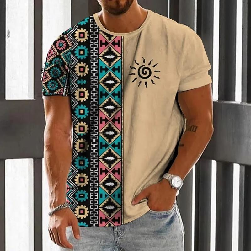 Summer Round Neck 3D Color block Print Top Fashionable Casual Short Sleeved Men's T-shirts