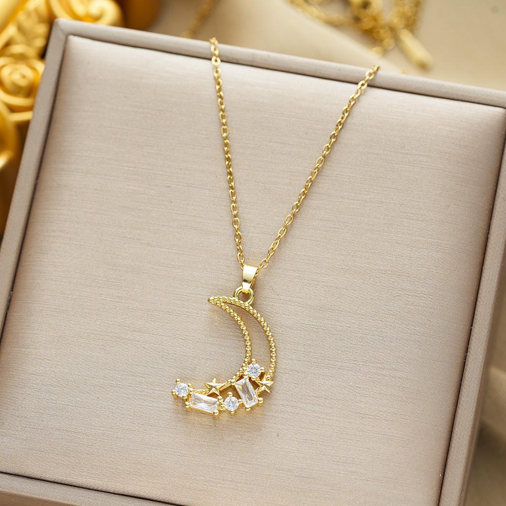 Sterne und Mond eingelegter Zirkon hohle Halskette Mode Frauen