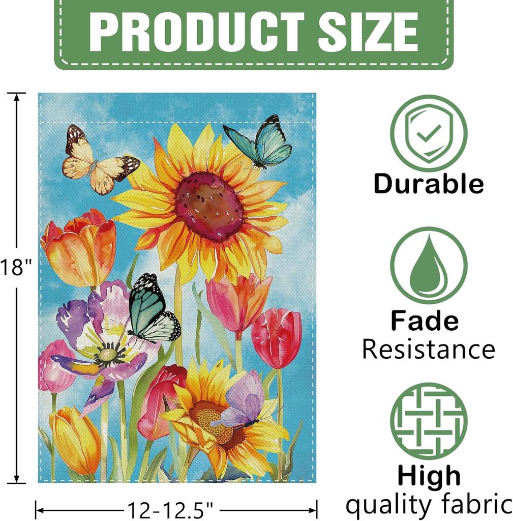 Dyrenson Spring Summer Sunflower Decorative Garden Flag, Watercolor Tulip Flower Butterfly Yard Outside Home Decoration, Flo