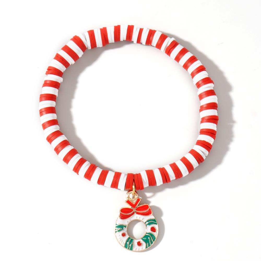 Christmas Clay Beaded Bracelet with Tree, Snowman, Bell & Reindeer Pendants In Red, White & Green - Festive Hand Jewelry