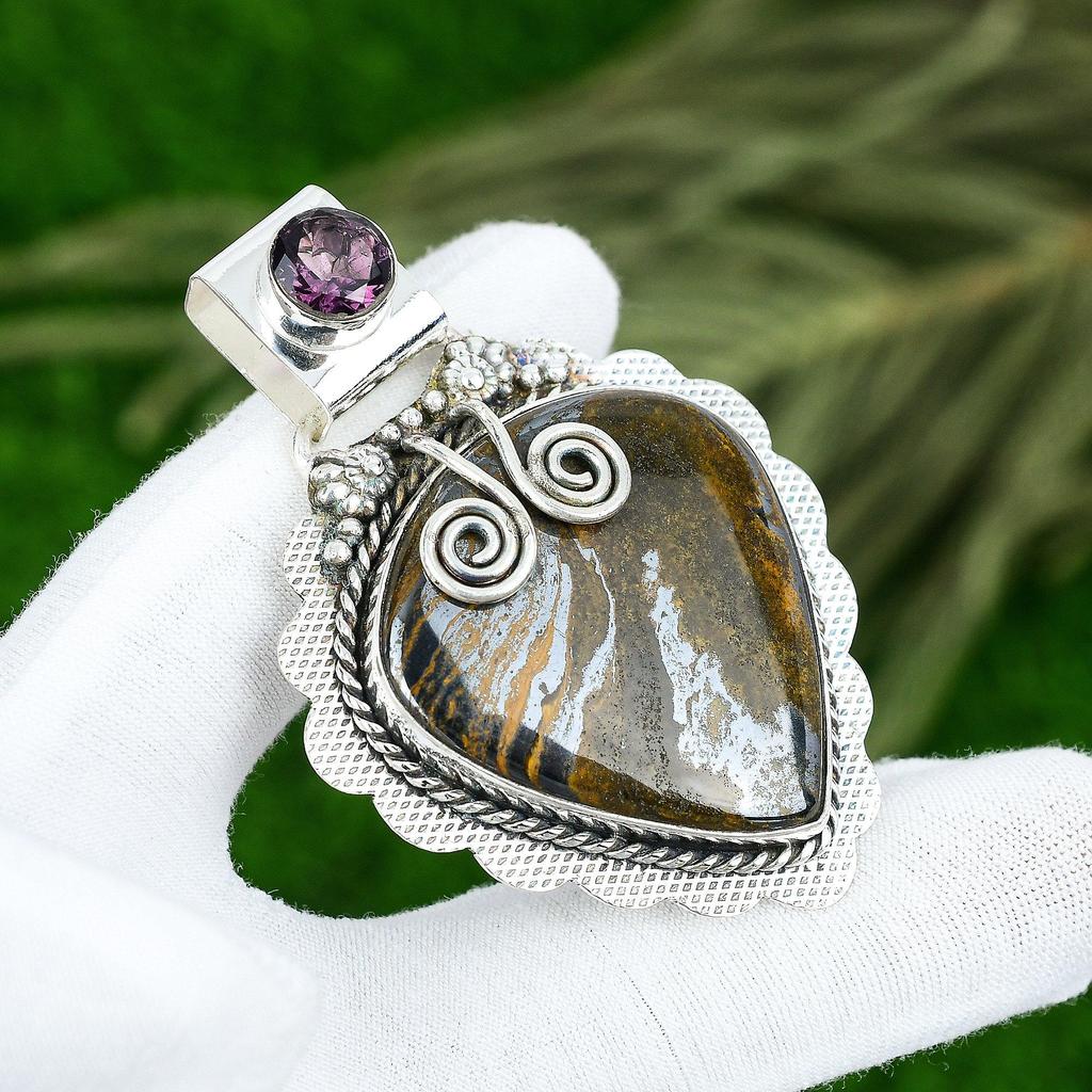 Natural Iron Tiger Eye Amethyst Engagement Bezel Wedding Pendant Sterling Silver